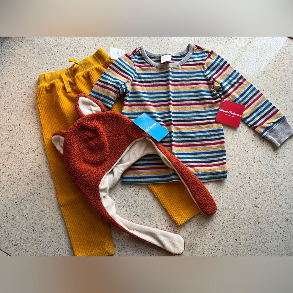Hanna Andersson Striped Shirt and Mustard Pants with Columbia Fox 🦊 Hat